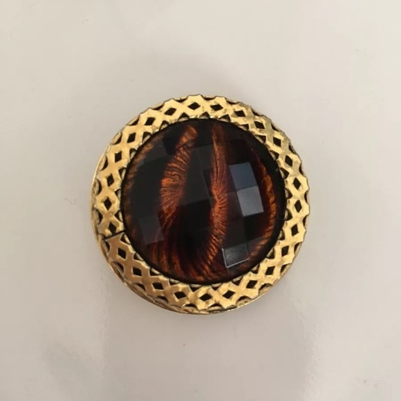 Vintage Jewelry - Freirich Gold Tone RootBeer Brown Art Glass Brooch